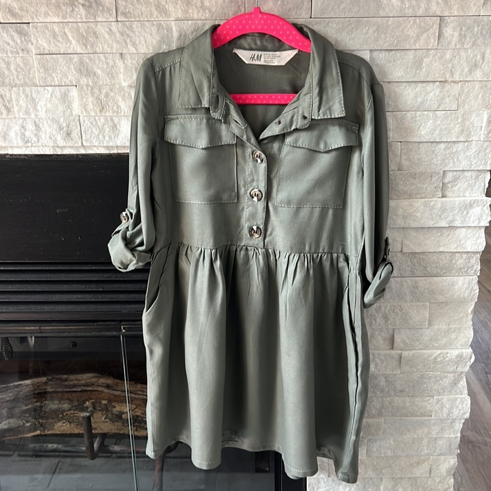 H & M  five button sage empire waist dress with two front pockets,3T